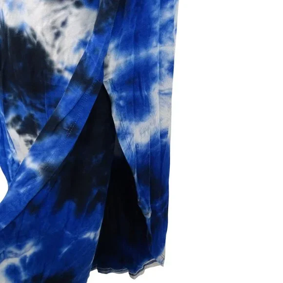 Cato Blue Tie Dye Maxi Tank Dress Women Size MP Slits Strappy Neckline Ruched - Picture 2 of 12